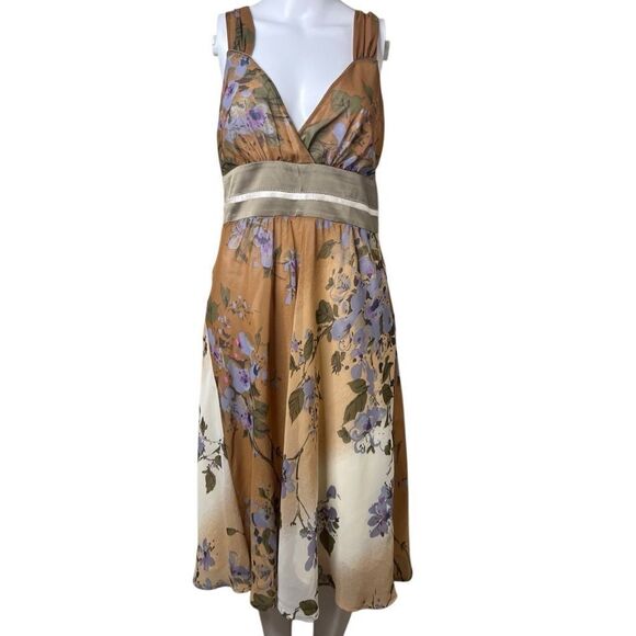 Watcher V Neck Knee Length Floral Dress Brown Size 8 - Picture 1 of 3